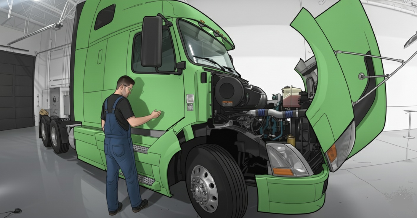 Mechanic beside a green Volvo truck with its hood tilted forward and side fairing panel open in a workshop.