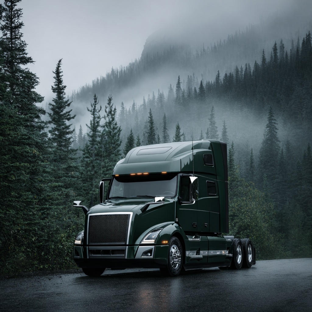 Sleeper Semi-Truck on a Misty Mountain Road Dark green sleeper semi-truck without a trailer on a wet road beneath misty, forested mountains.