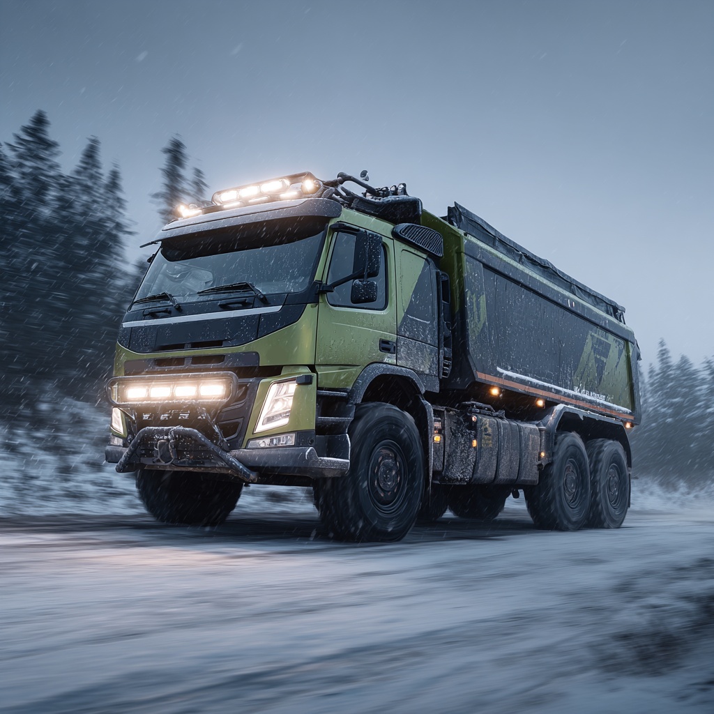 Volvo FMX Dump Truck on a Snowy Road Green Volvo FMX dump truck on a snowy forest road with its headlights and auxiliary light bars illuminated.