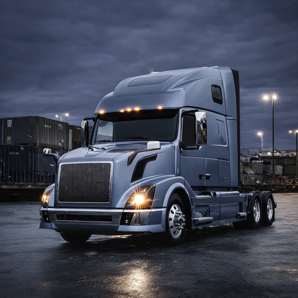 Sleeper Semi-Truck at a Container Yard Silver-blue sleeper semi-truck with illuminated headlights on wet pavement beside stacked shipping containers at dusk.