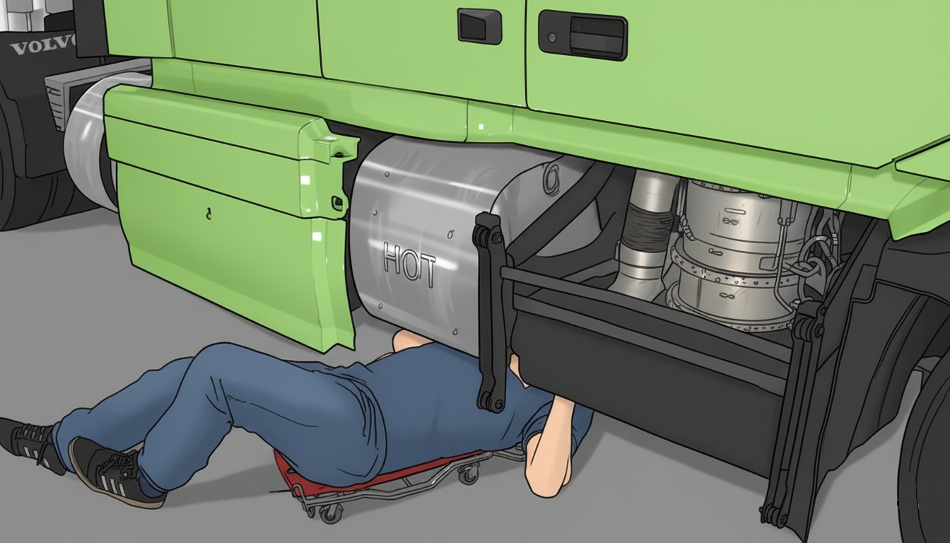 Mechanic lying on a creeper beneath a Volvo truck beside the exposed aftertreatment compartment.