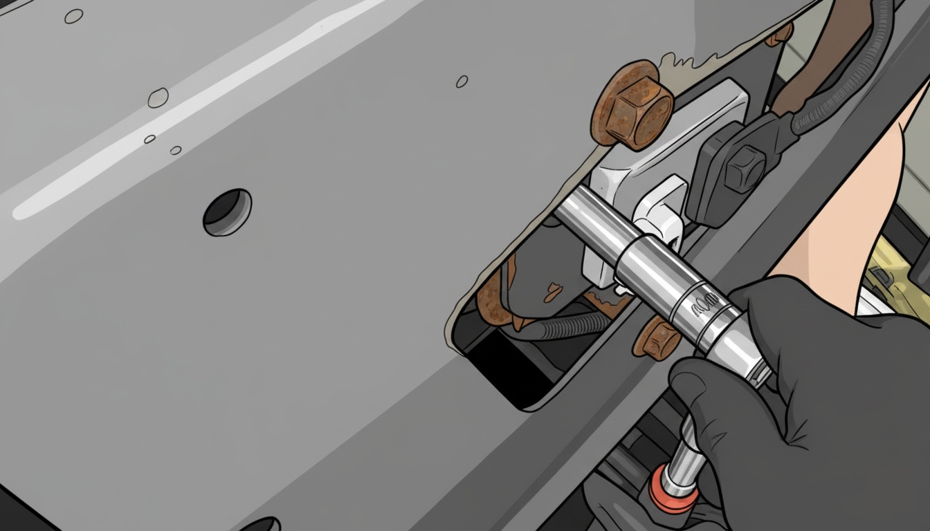 Mechanic using a socket and extension to reach a NOx sensor module mounting fastener through a frame opening.