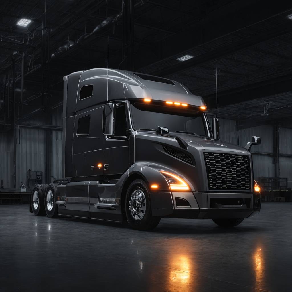 Sleeper Semi-Truck Inside a Garage Front three-quarter view of a silver-blue sleeper tractor without a trailer. Its headlights reflect on the wet pavement, with stacked shipping containers and illuminated yard lights in the background.