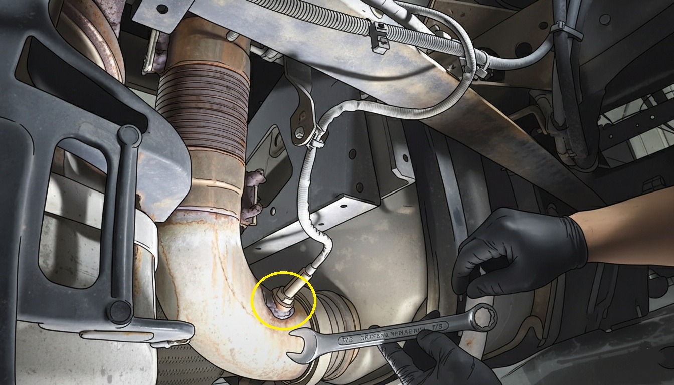 Mechanic holding a wrench beside a NOx sensor threaded into an exhaust elbow, with the sensor fitting circled in yellow.