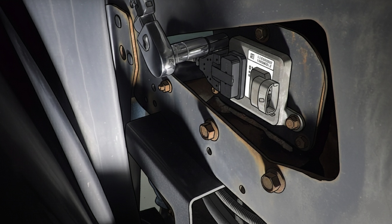 Ratchet and socket positioned on a mounting fastener beside the NOx sensor module, with its electrical socket exposed.