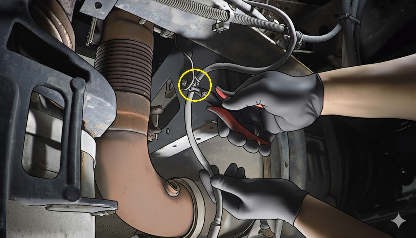 Gloved hands holding a NOx sensor cable and using cutters on a cable tie highlighted with a yellow circle.