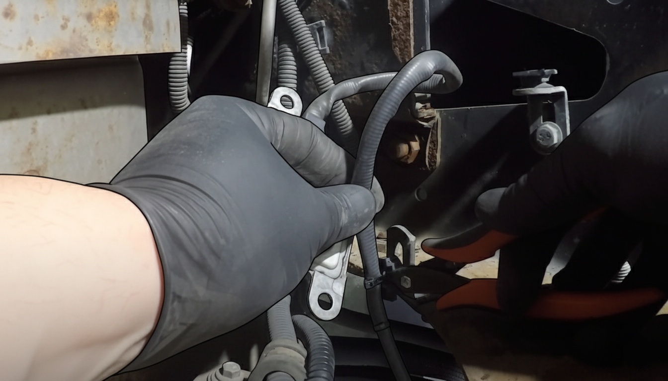 Gloved hands using diagonal cutters to cut a cable tie securing the NOx sensor cable beside a mounting bracket.