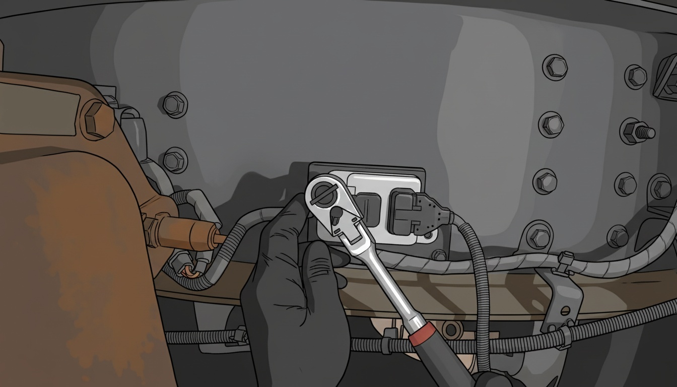 Ratchet positioned over an upper NOx sensor module mounting fastener while a gloved hand steadies the nearby connector.
