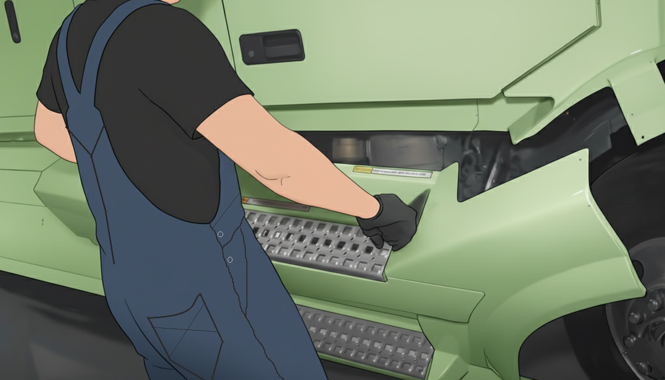 Mechanic positioning the green side fairing and step assembly beneath a Volvo truck's cab door.