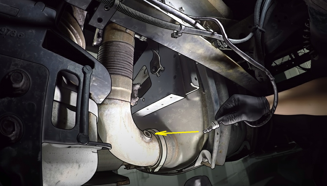 Gloved hand positioning a replacement NOx sensor probe beside the threaded port in an exhaust elbow.