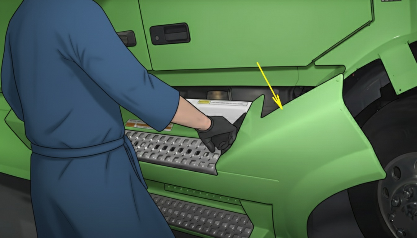 Mechanic positioning a green Volvo side fairing and step assembly beneath the cab, with a yellow arrow highlighting the panel.