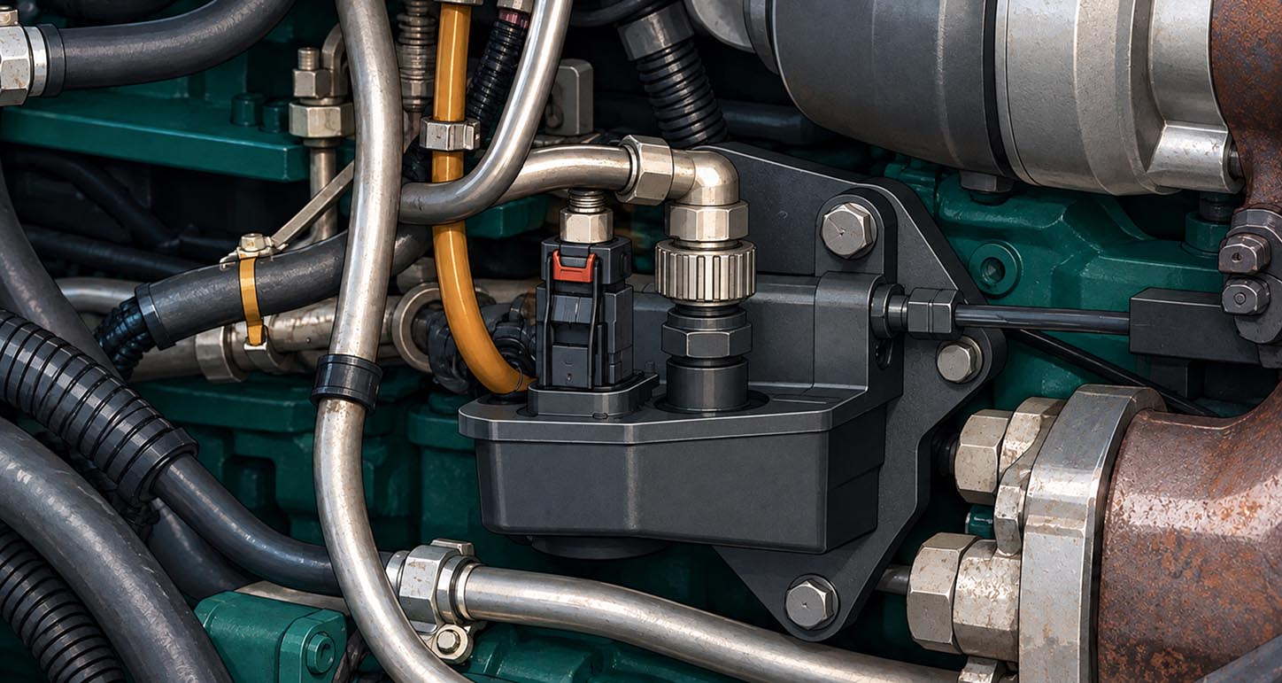 Conceptual illustration of a cylindrical aftertreatment assembly with DOC and DPF callouts. A cutaway exposes the filter interior, while yellow arrows highlight the adjoining exhaust pipe and filter section.