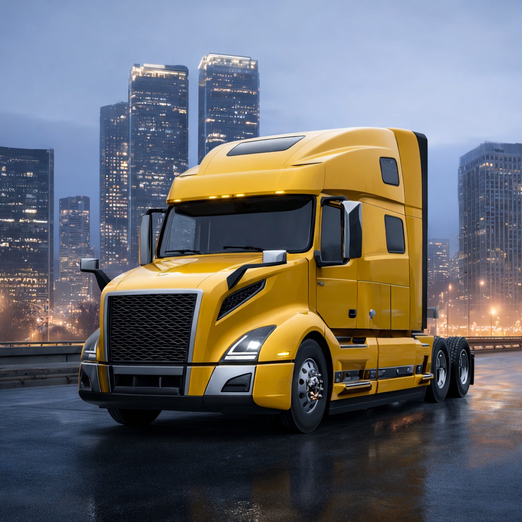 Yellow Sleeper Semi-Truck Against a City Skyline Yellow sleeper semi-truck without a trailer on a wet road, with illuminated city skyscrapers in the background.