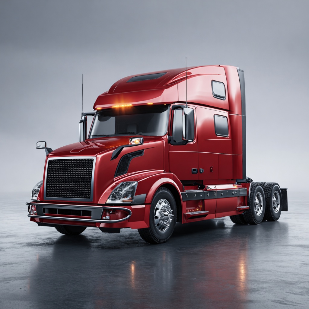 Red Sleeper Semi-Truck Red sleeper semi-truck with tandem rear axles and chrome wheels on a reflective surface against a gray background.