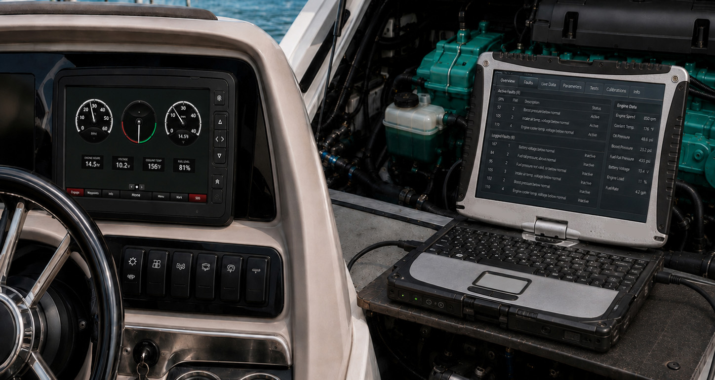 Reading Volvo Penta Engine Fault Codes Boat helm display beside a diagnostic laptop showing fault codes and engine data near a green marine engine.