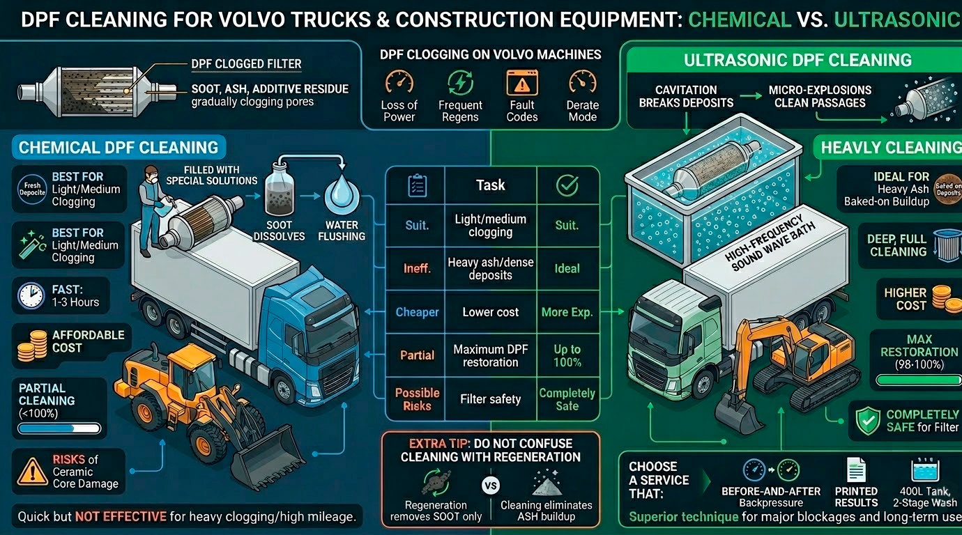 Cleaning the DPF on Volvo Trucks and Construction Equipment: Chemical vs. Ultrasonic — Which Is More Effective?
