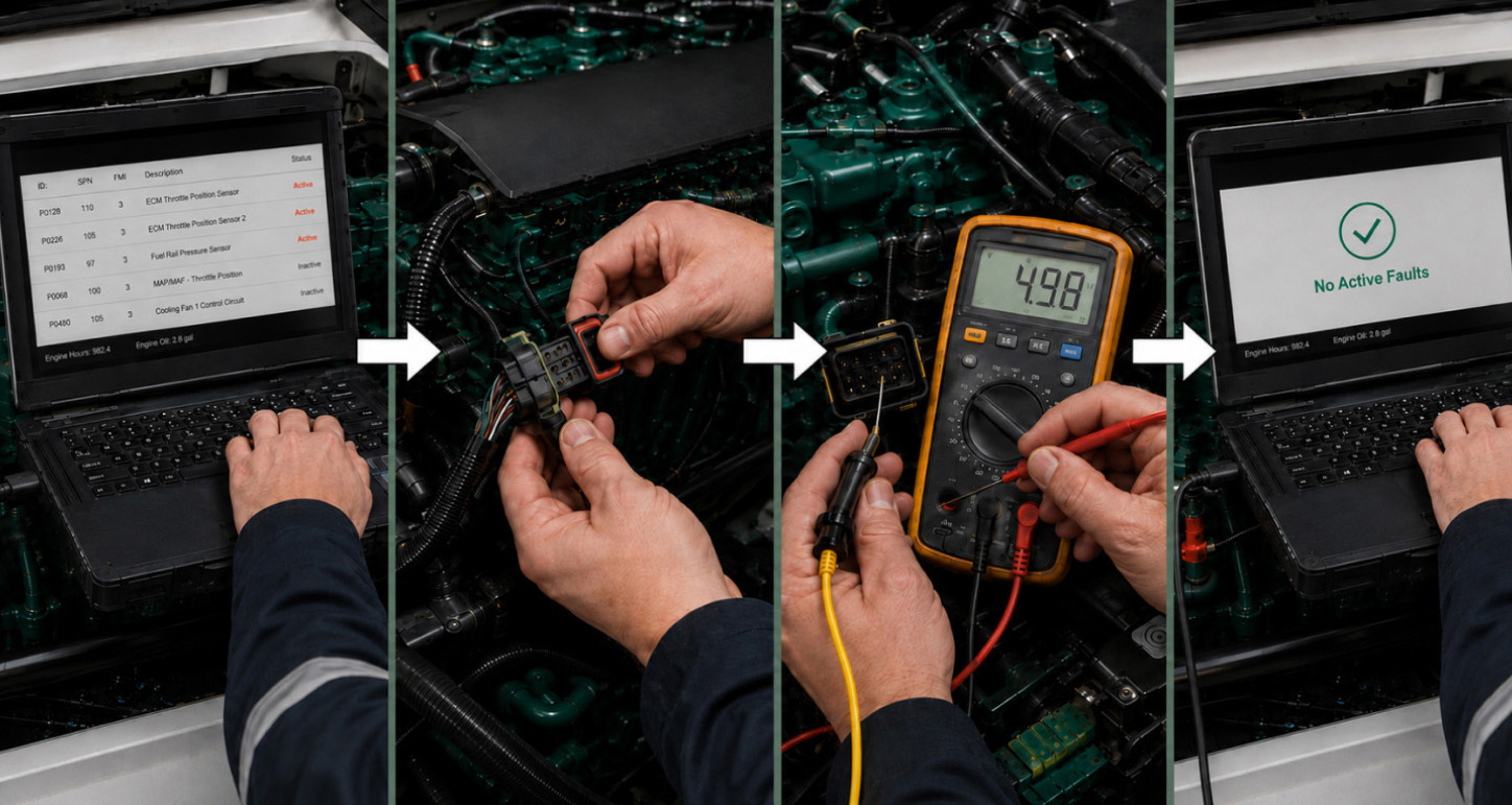 Volvo Penta Engine Troubleshooting Sequence Four-panel sequence showing a fault list, connector inspection, multimeter testing, and a laptop displaying “No Active Faults.”