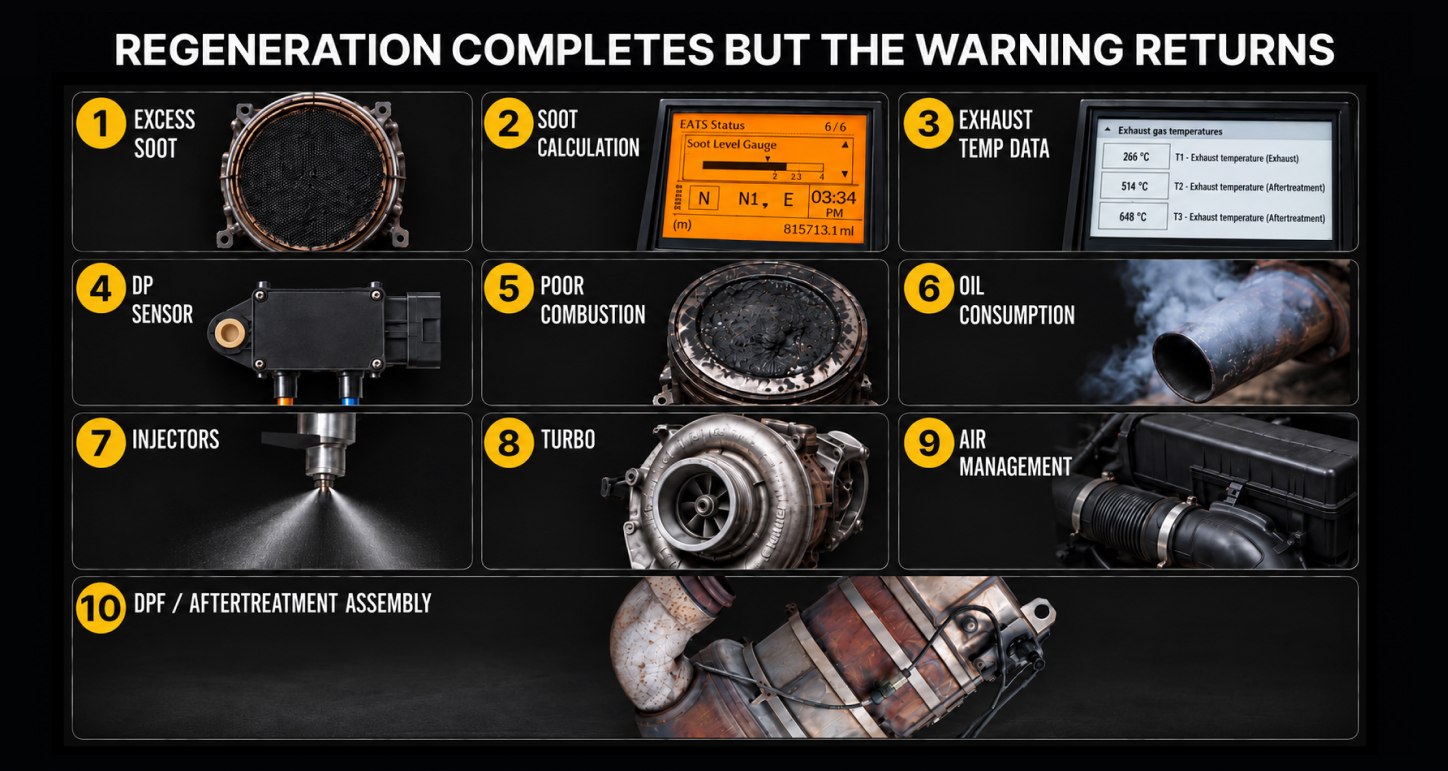 Ten-panel infographic showing soot, sensor data, engine components, and the DPF assembly associated with a returning DPF warning.