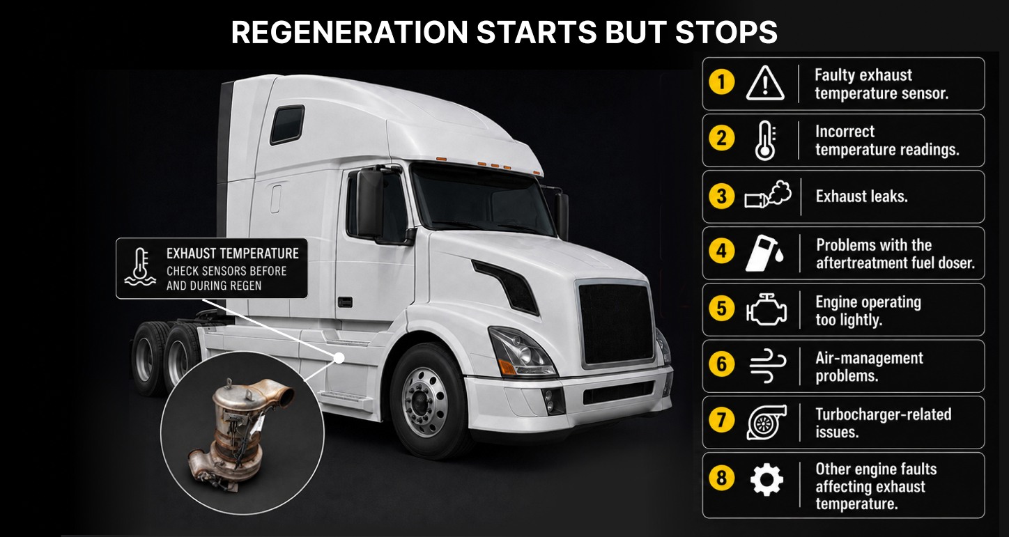 Volvo truck beside a checklist of temperature, sensor, fuel dosing, and engine issues associated with interrupted regeneration.