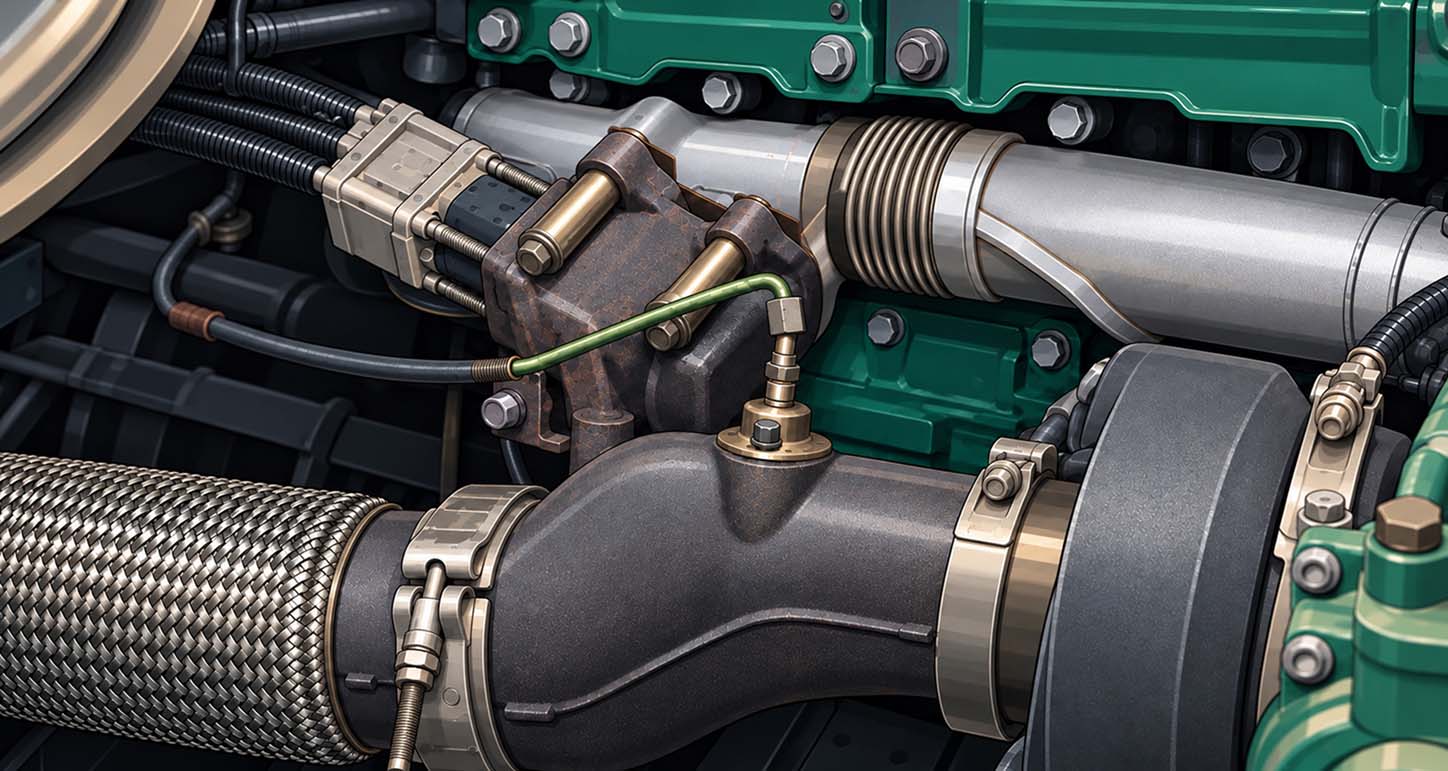 Detailed illustration of a black assembly mounted beside a green engine block. An electrical connector with an orange locking tab, metal tubing, threaded fittings, hoses, and mounting bolts are visible.