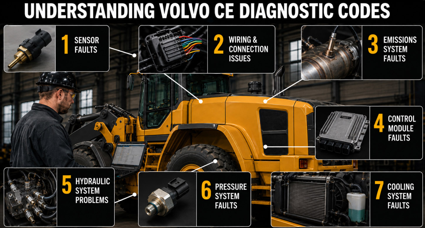 Understanding Volvo CE Diagnostic Codes Technician beside a wheel loader with seven callouts showing sensors, wiring, emissions components, control modules, hydraulics, pressure, and cooling.