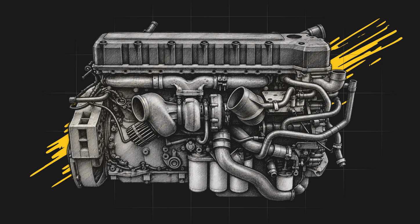 Grayscale illustration of a turbocharged diesel engine on a dark background with yellow brush strokes. Grayscale illustration of a turbocharged diesel engine on a dark background with yellow brush strokes.