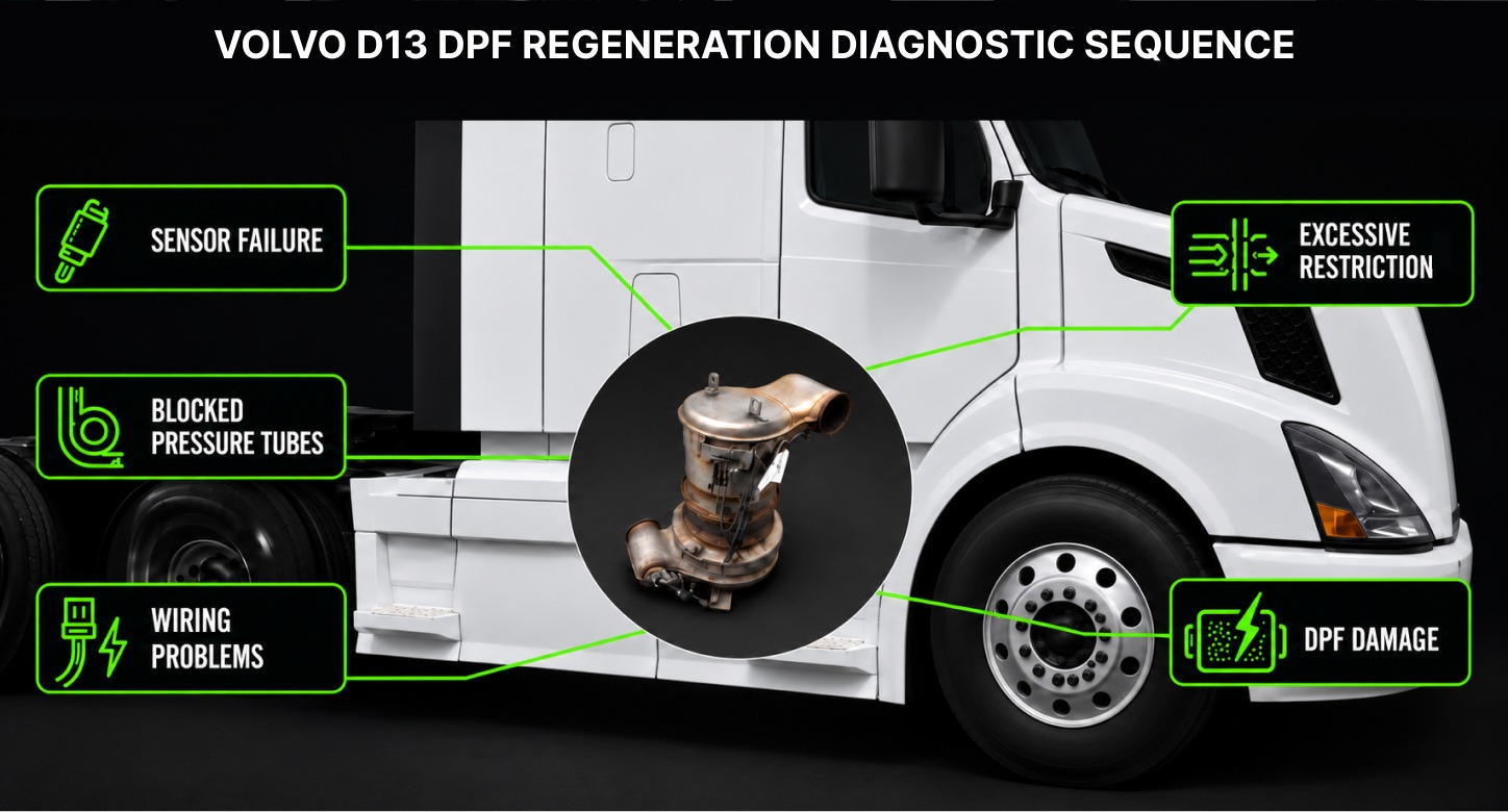 Volvo truck with a DPF inset and callouts for sensor failure, blocked pressure tubes, wiring faults, restriction, and DPF damage.