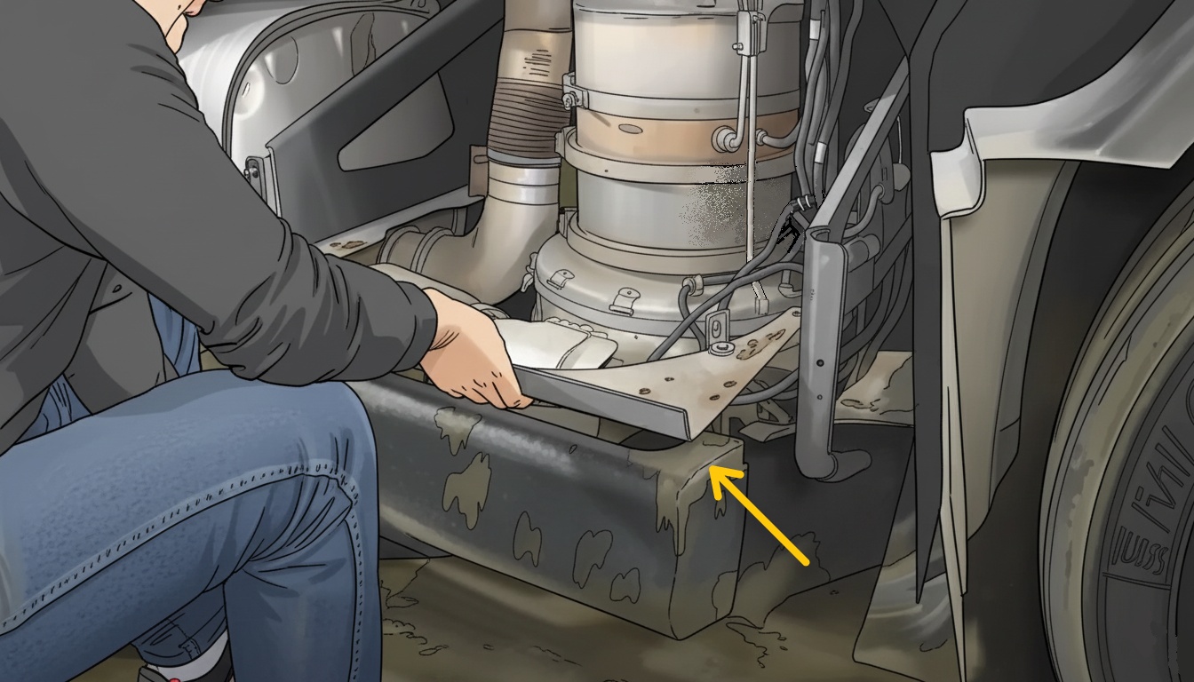 Mechanic lifting a metal bracket away from the lower front of a Volvo truck's aftertreatment assembly.