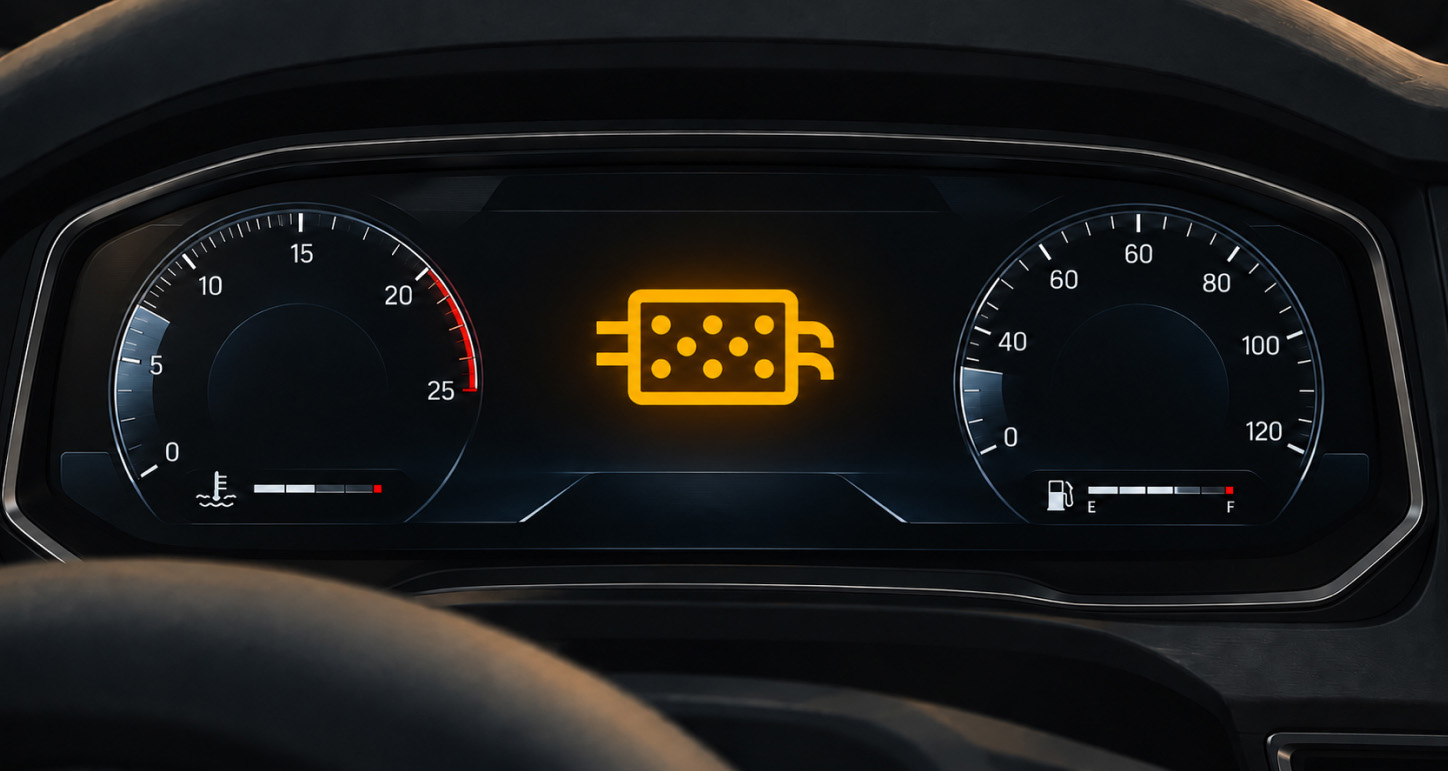 Truck instrument cluster with an illuminated amber DPF indicator between the gauges