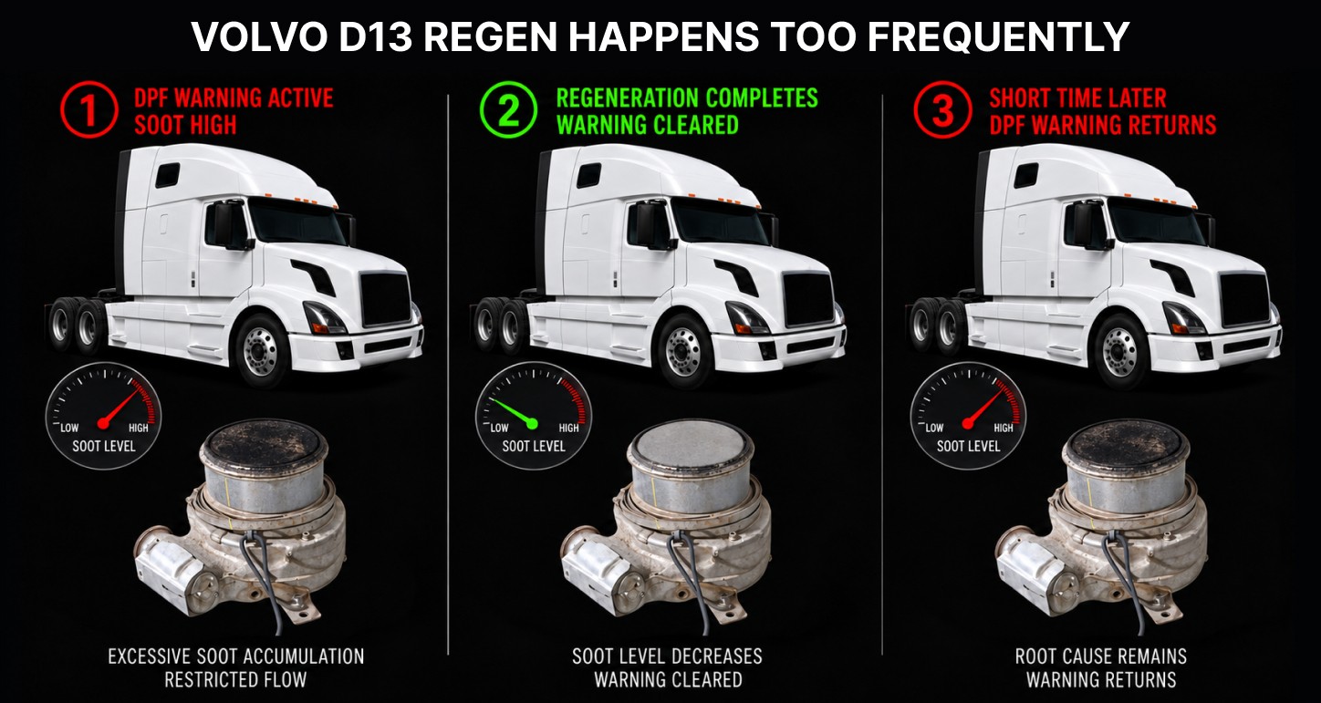 Illustrated overview of ten areas to investigate when a DPF warning returns after regeneration. These include soot buildup, soot calculations, exhaust temperature data, differential pressure sensing, combustion, oil consumption, injectors, the turbocharger, air management, and the DPF assembly.