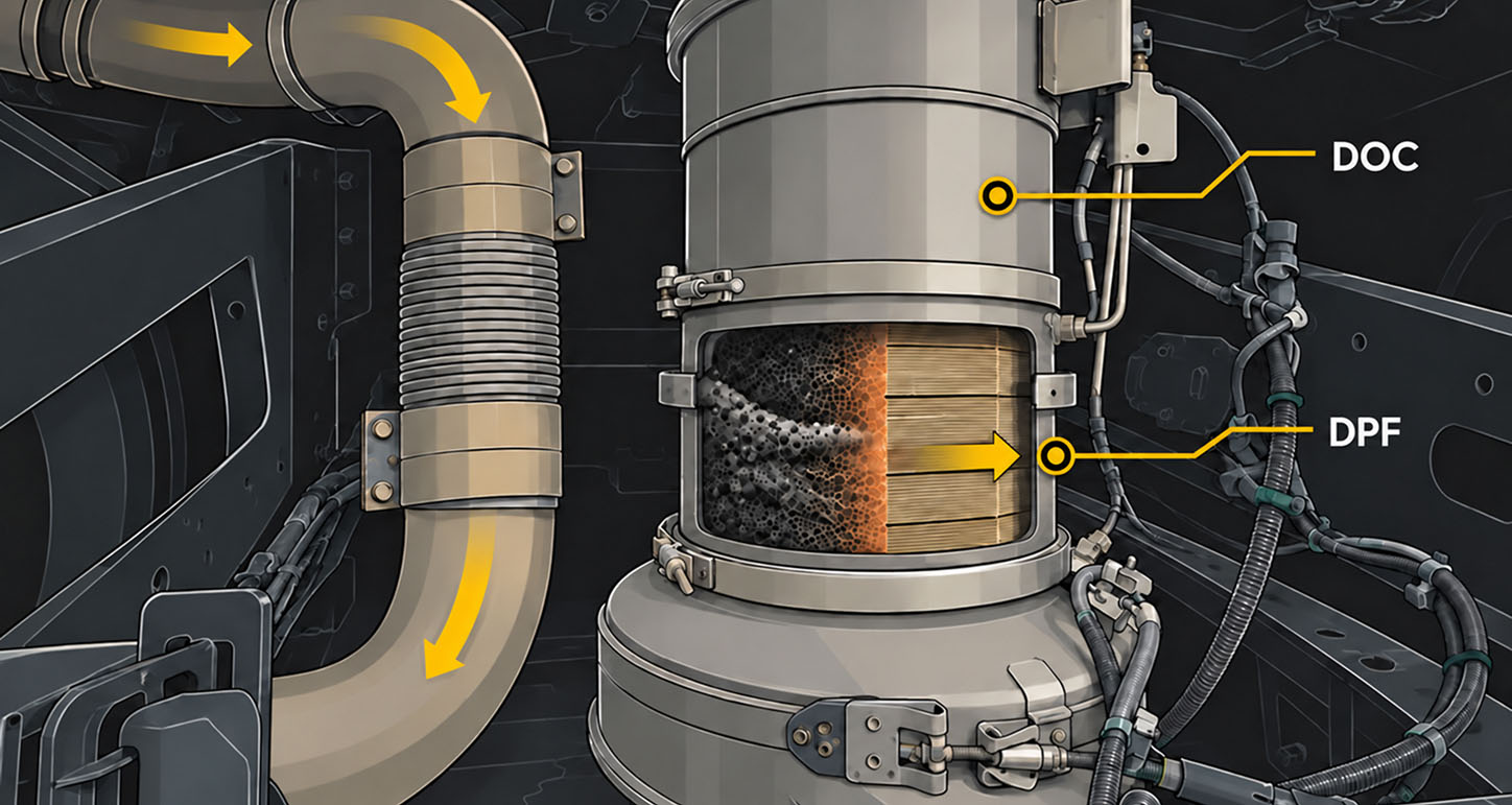 Exhaust pipe cutaway with orange flow arrows and a dosing fitting connected to a metal supply line.