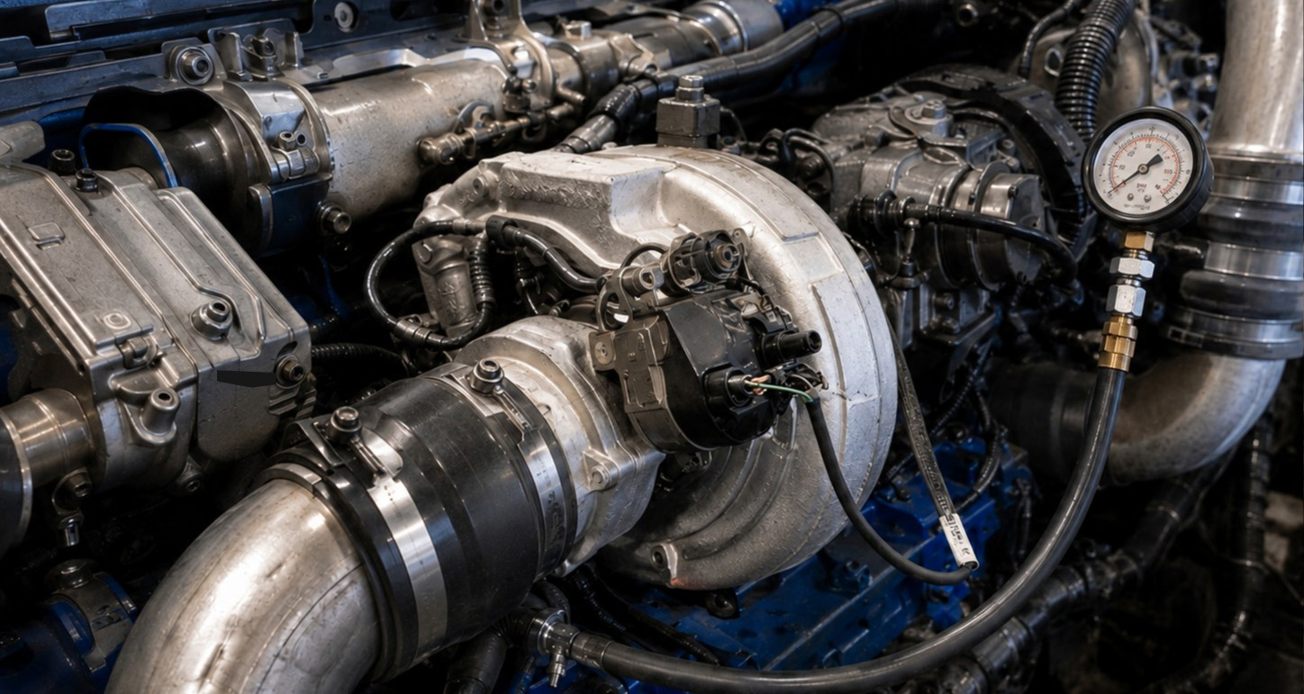 Close-up of a truck turbocharger and connected piping, with a pressure gauge and test hose beside the assembly.
