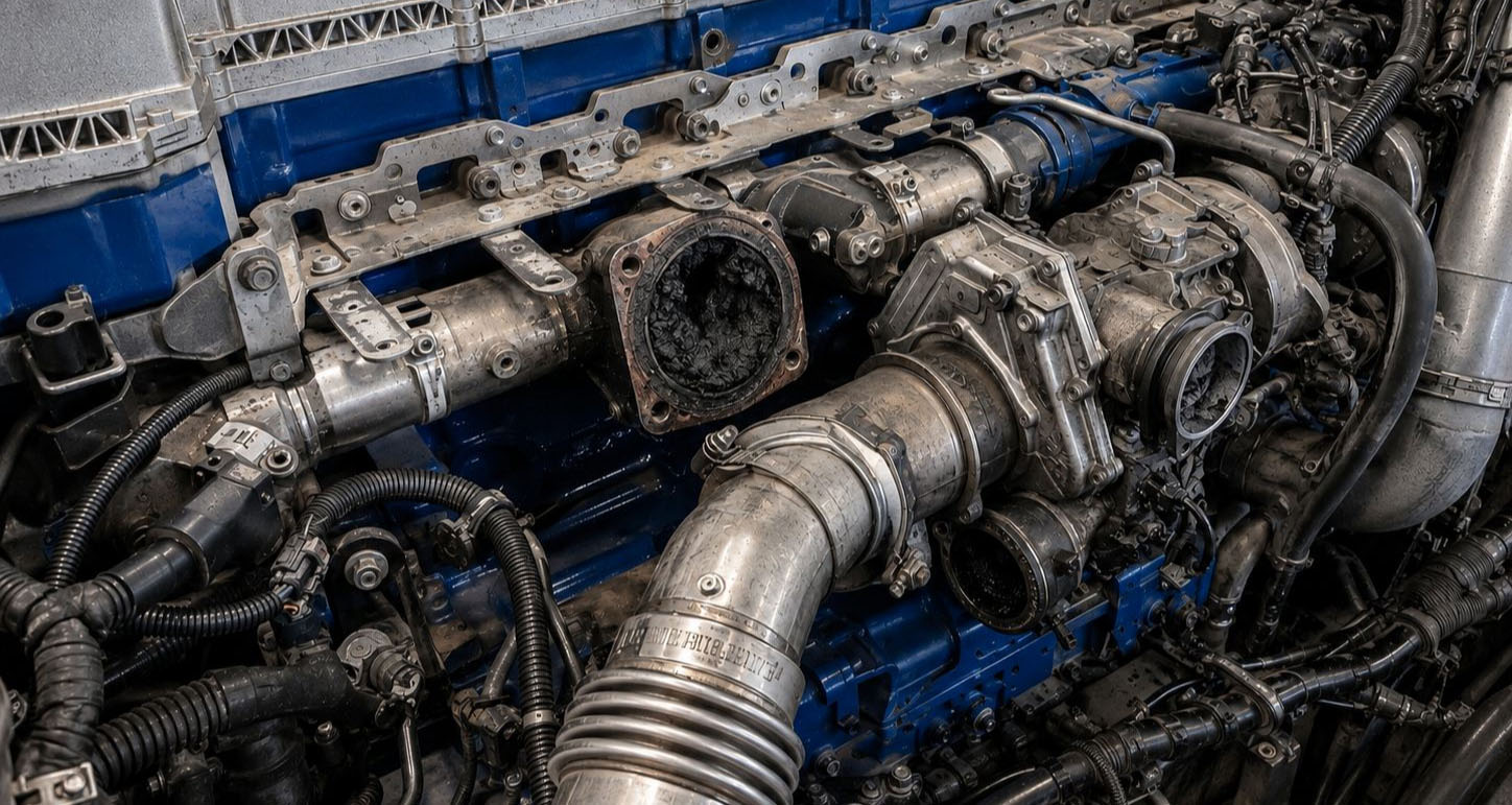 Partially disassembled engine piping with heavy black deposits visible inside exposed flanged openings.