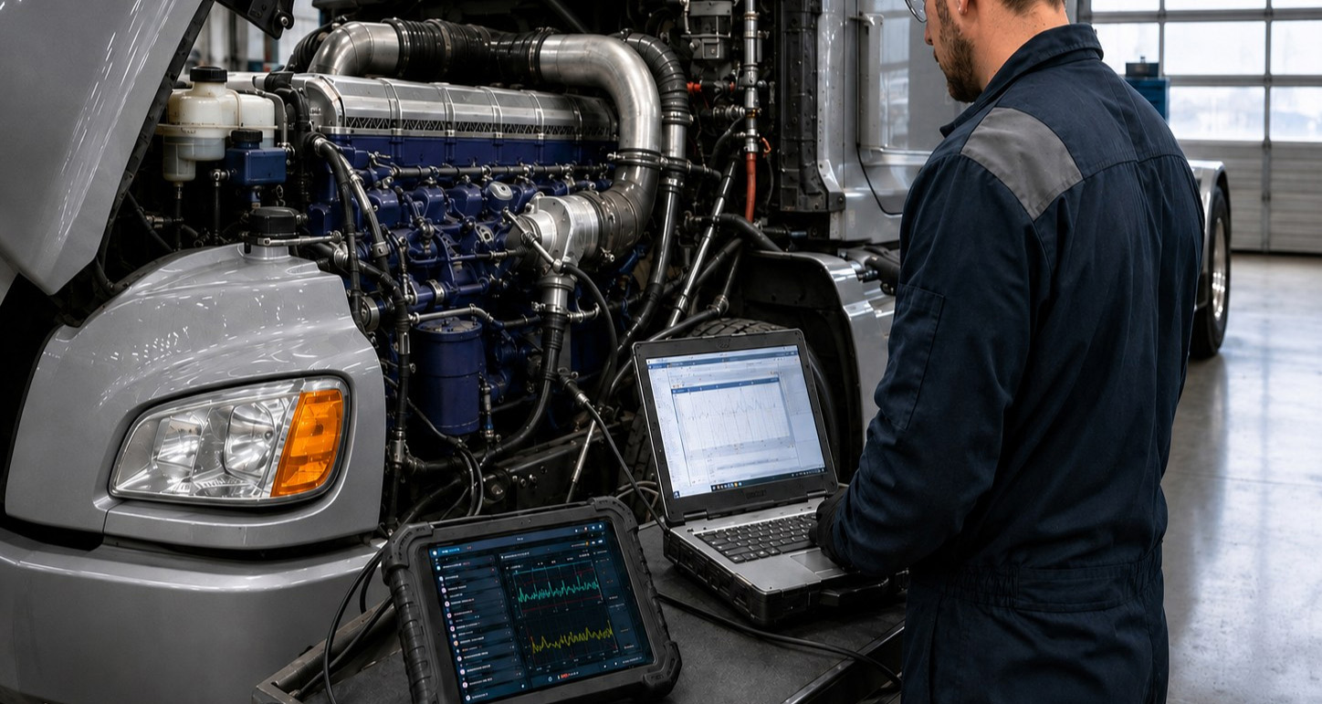 Technician reviewing diagnostic graphs on a laptop and rugged tablet beside a truck with its hood open.