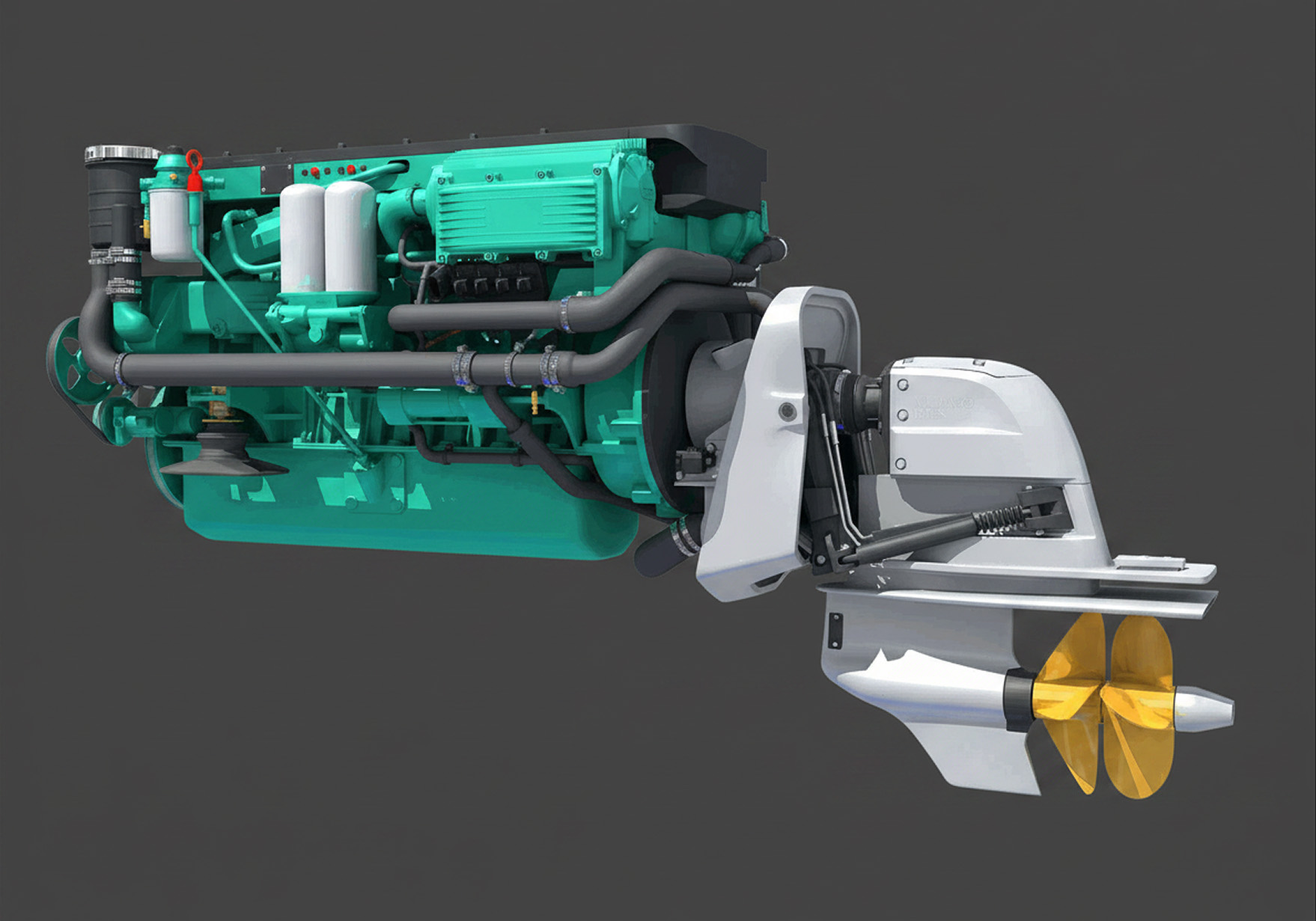Side view of a green Volvo Penta marine engine connected to a silver sterndrive with two gold-colored propellers.