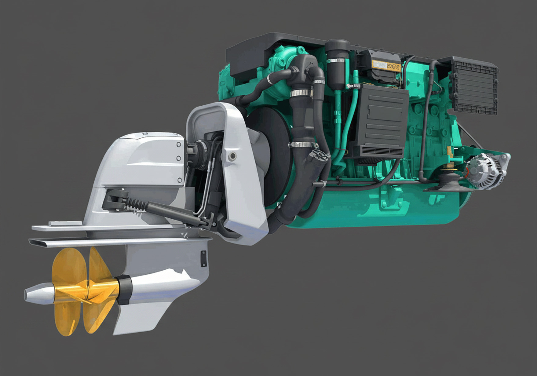 Opposite-side view of a Volvo Penta marine engine and twin-propeller sterndrive, showing black covers, hoses, and an alternator.