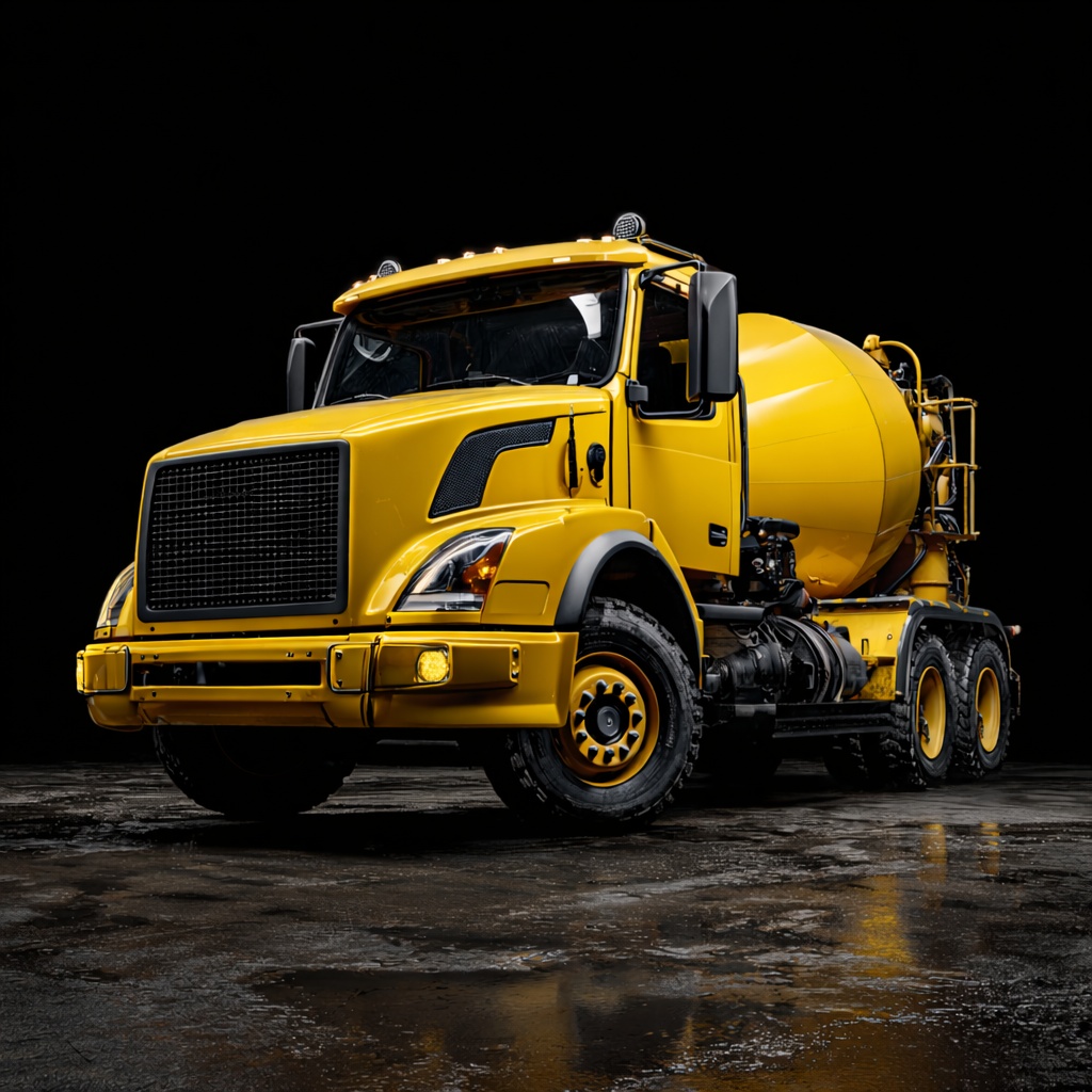 Yellow Concrete Mixer Truck Yellow concrete mixer truck with a large mixing drum and tandem rear axles on wet pavement against a black background.