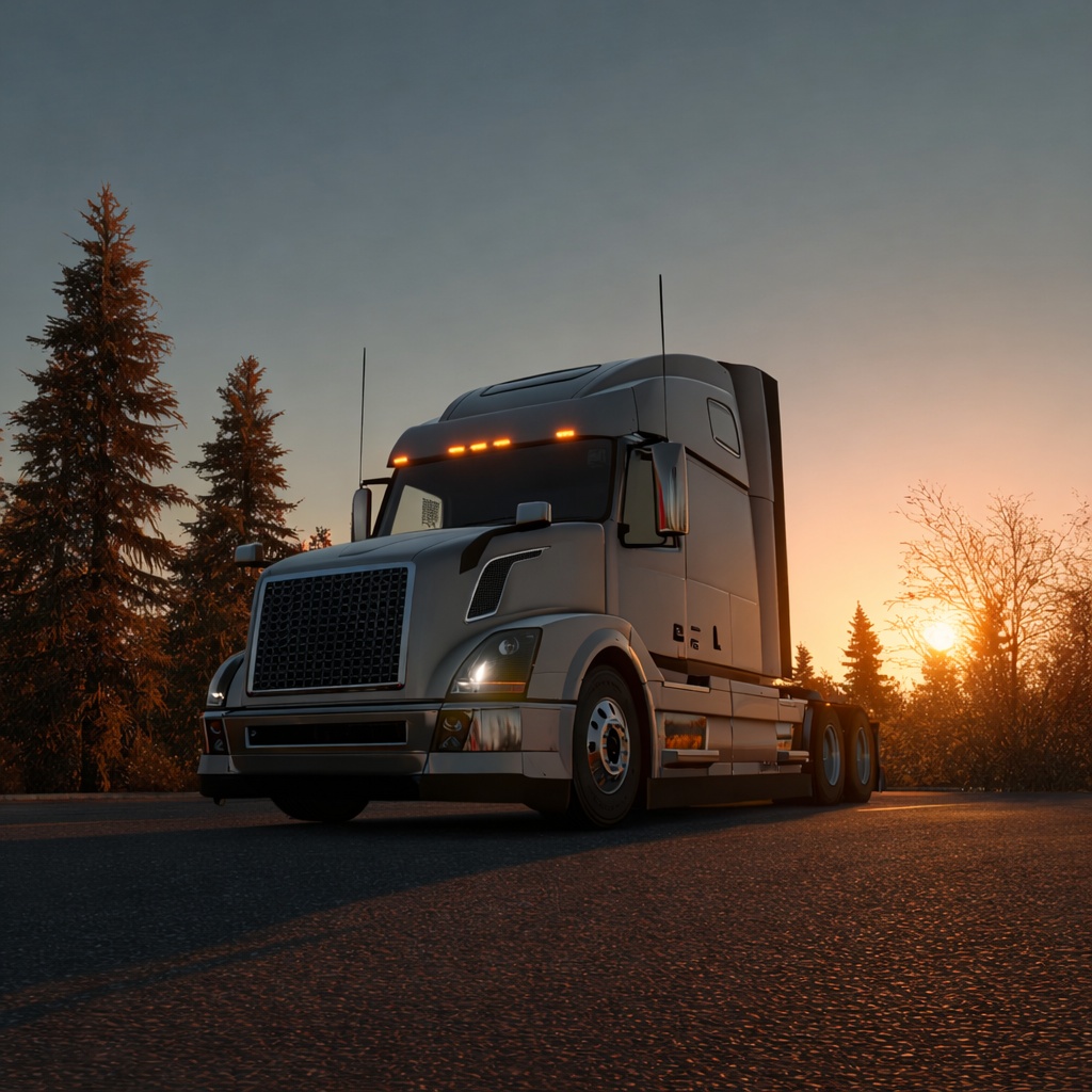 Sleeper Semi-Truck at Sunset Silver sleeper semi-truck without a trailer on a tree-lined road at sunset, with headlights and amber marker lights illuminated.