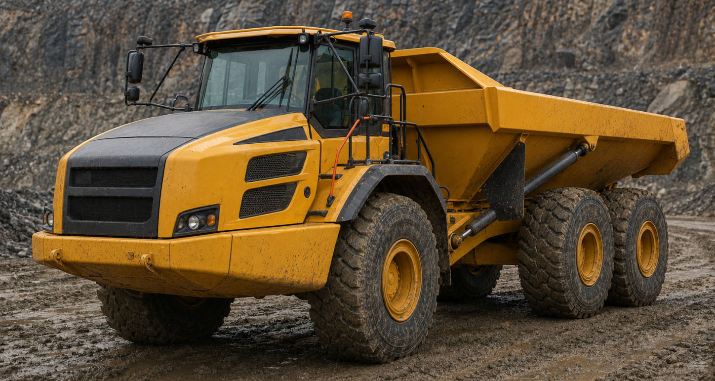 Articulated Dump Truck at a Quarry Yellow articulated dump truck with a lowered dump body and mud-covered tires parked beneath a quarry rock face.
