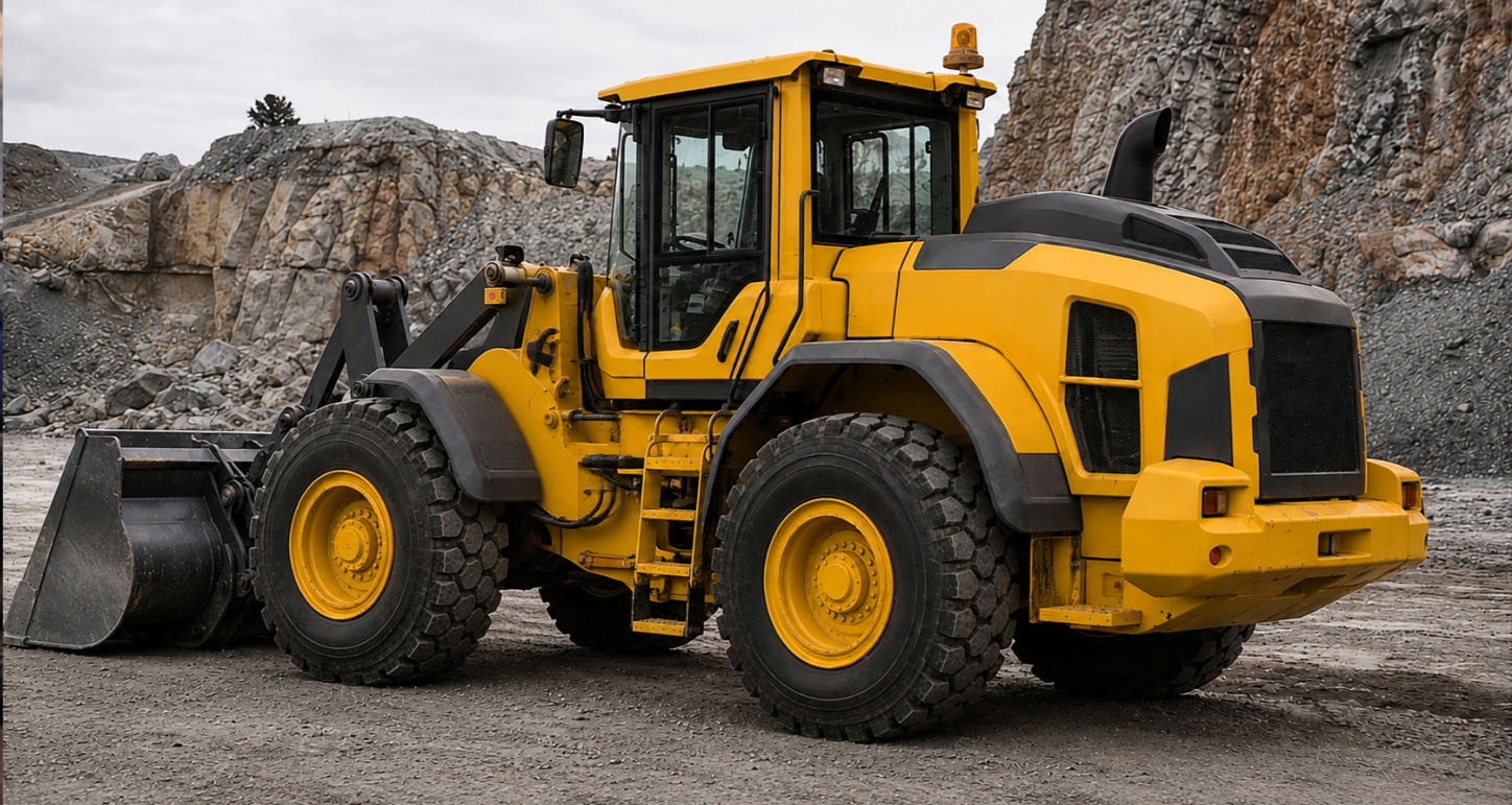 Wheel Loader Parked at a Quarry Yellow wheel loader viewed from the rear and side, with its front bucket resting on gravel in a quarry.