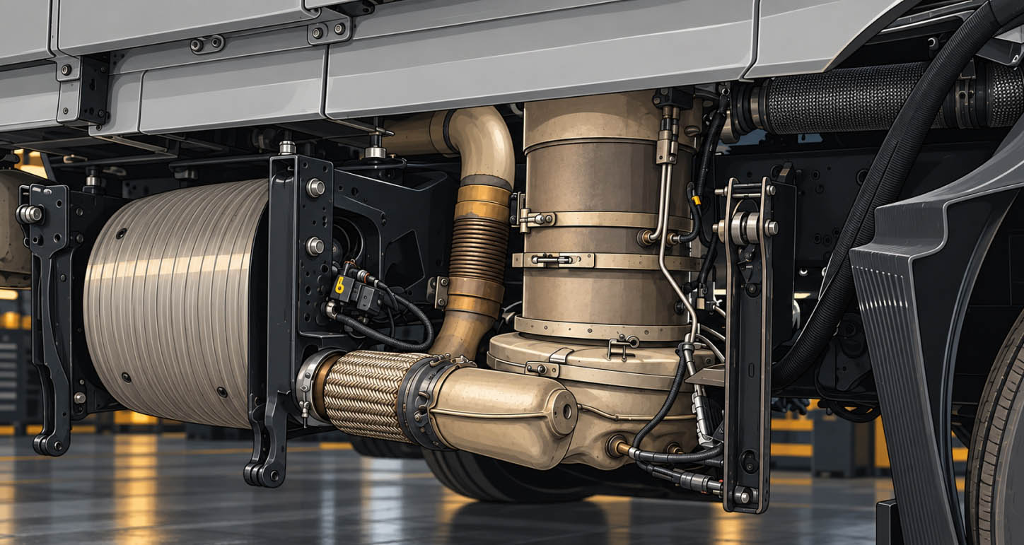 Exhaust Aftertreatment Sensors and Connections Close-up illustration of a truck exhaust aftertreatment assembly with piping, wiring, and sensor connections