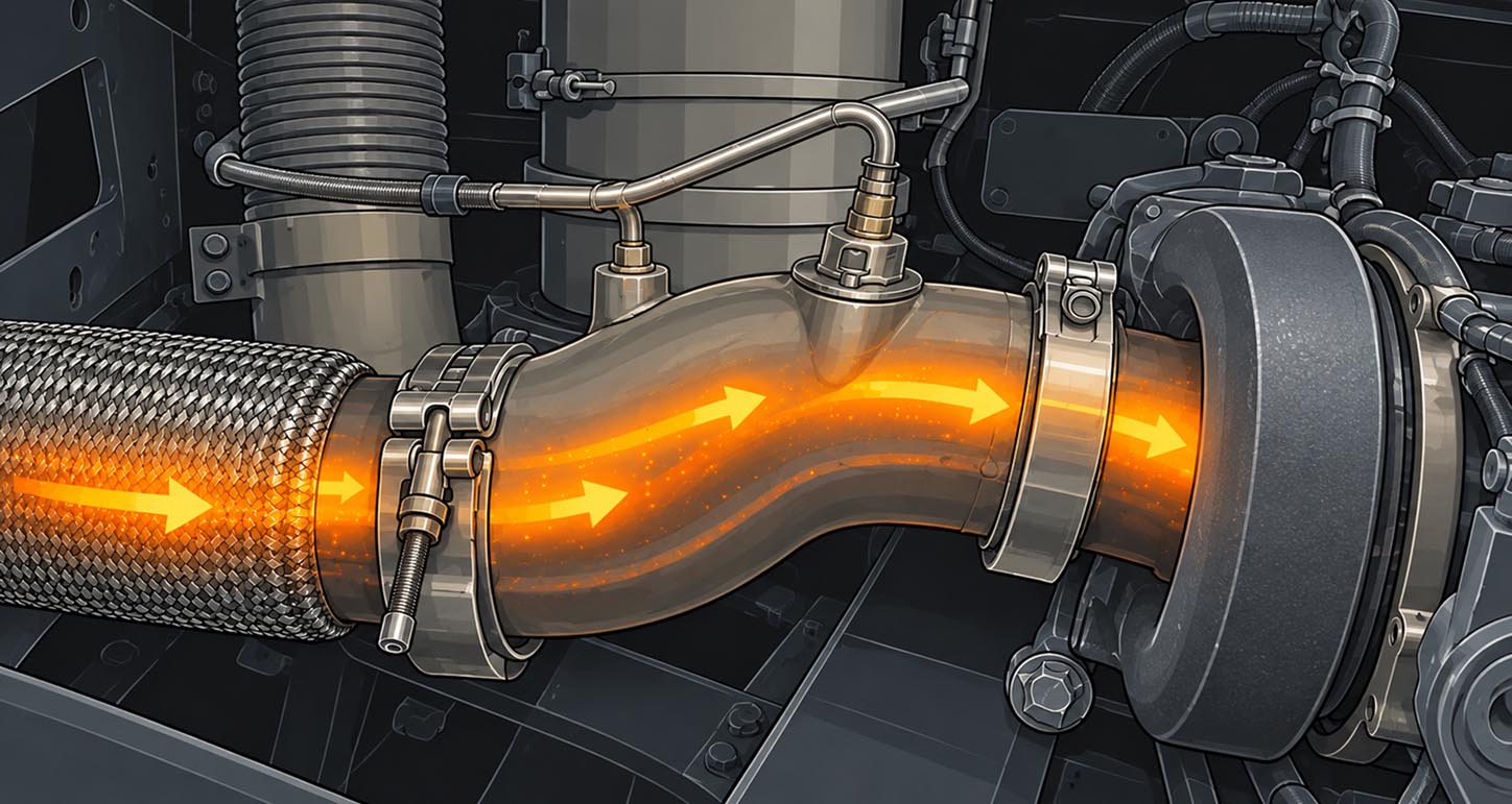 Exhaust pipe cutaway with orange flow arrows and a dosing fitting connected to a metal supply line.
