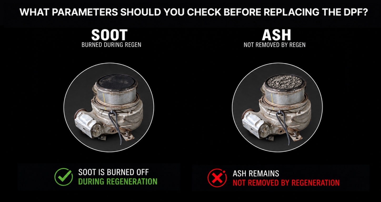 Side-by-side DPF illustrations comparing soot that burns off during regeneration with ash that remains in the filter.