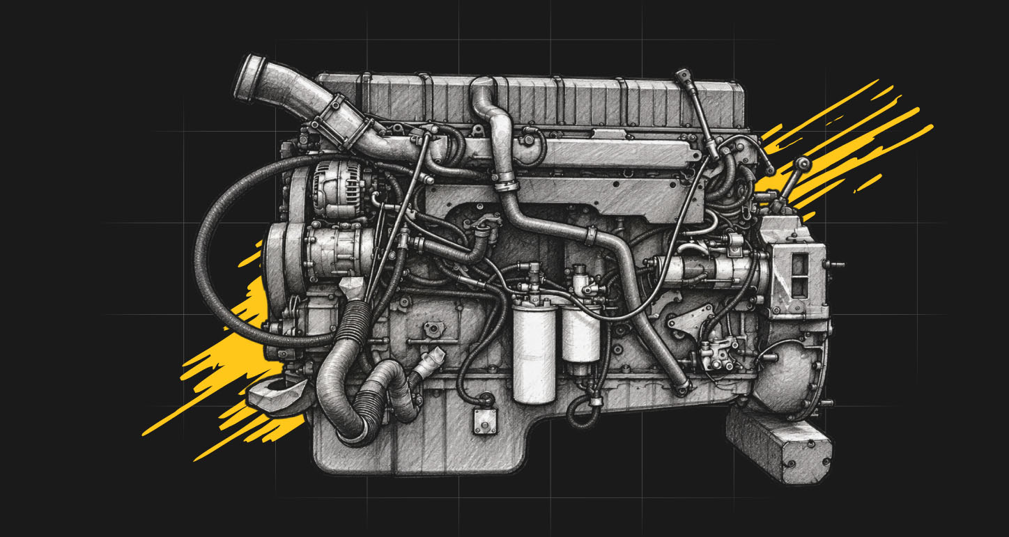 Why Volvo D12 Trucks Are Still Working Grayscale diesel engine illustration showing hoses, wiring, and external components against a dark background.