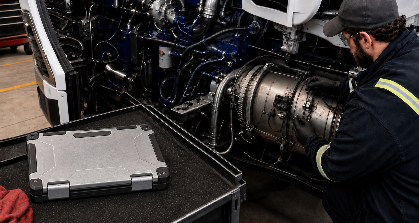 Technician inspecting a cylindrical aftertreatment assembly beside a laptop displaying multiple fault entries.
