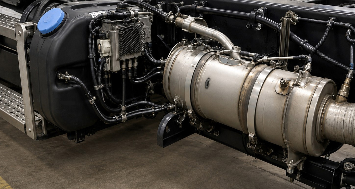 Truck aftertreatment assembly beside a black DEF tank with a blue cap, connected wiring, fluid lines, and a control module.